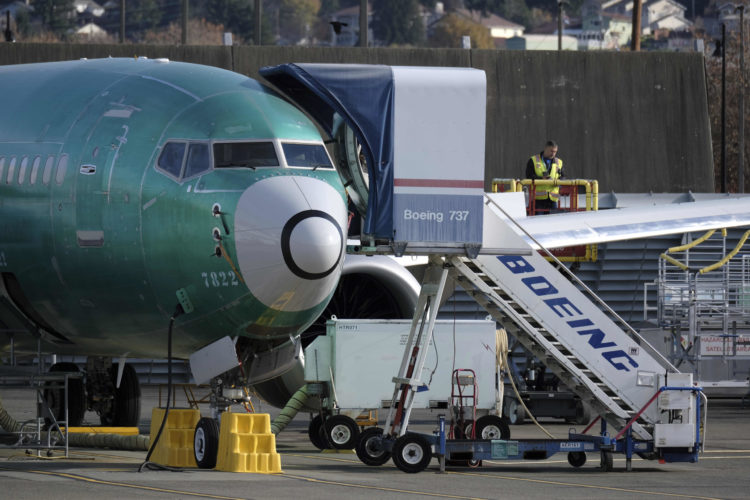A Boeing 737 MAX airplane being inspected in late 2019