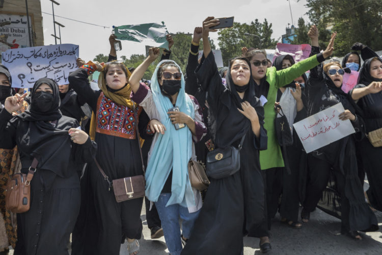 Women in a protest rally in Kabul, Afghanistan, in August 2022