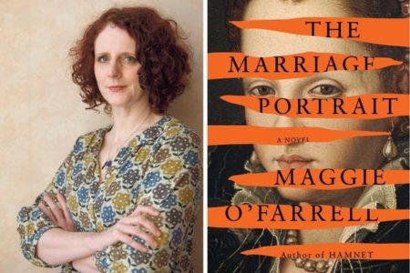Irish-born novelist Maggie O'Farrell and the jacket of her new novel, "The Marriage Portrait'