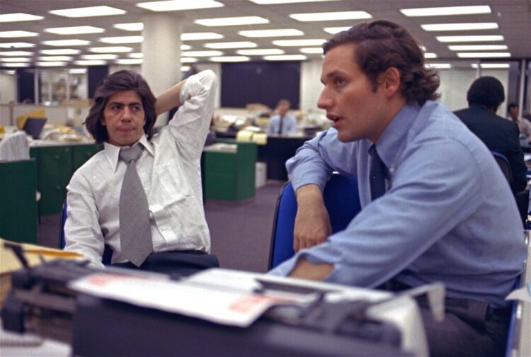 Watergate reporters Carl Bernstein and Bob Woodward in the Washington Post newsroom in 1973