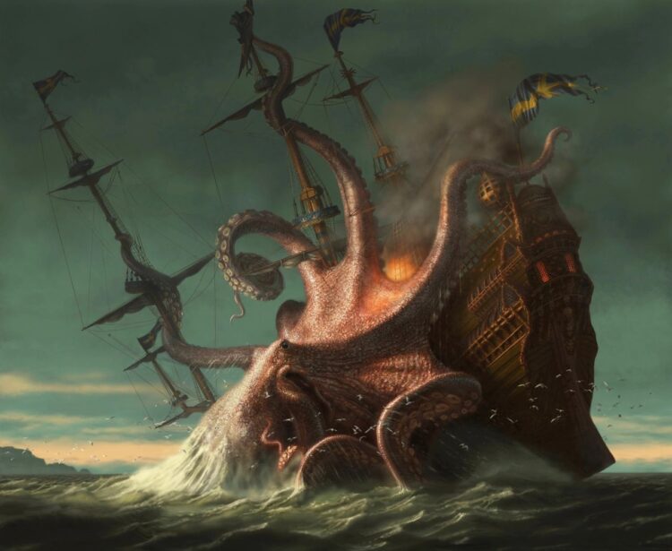 Illustration of a mythical kraken devouring a ship at sea