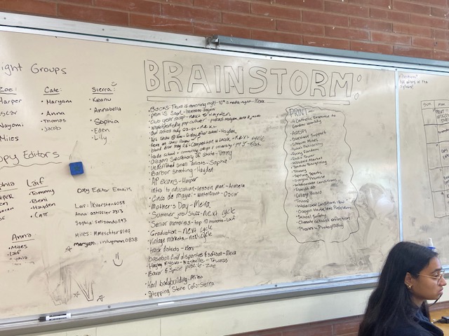 Brainstorm board of story ideas for The Headlight at Ida B. Wells High School in Portland, Oregon