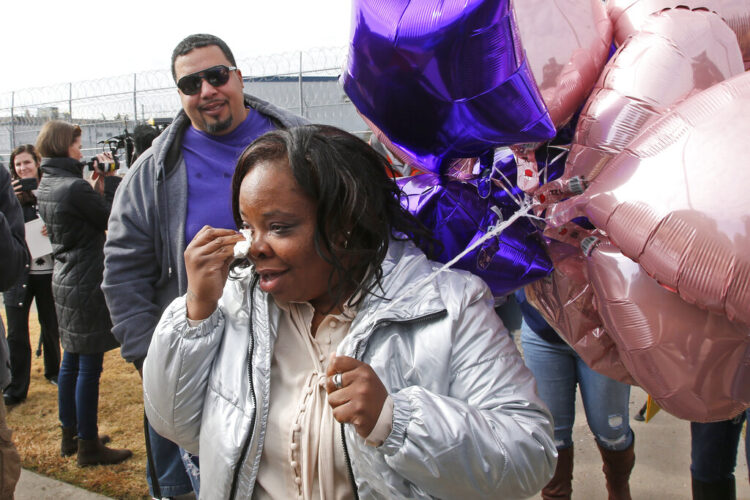 Tondalo Hall of Oklahoma upon her release from women's prison in Oklahoma after her sentence was commuted in 2019. She was convicted of failing to report her boyfriend for abusing her children, and spent 13 years longer than he did in prison.