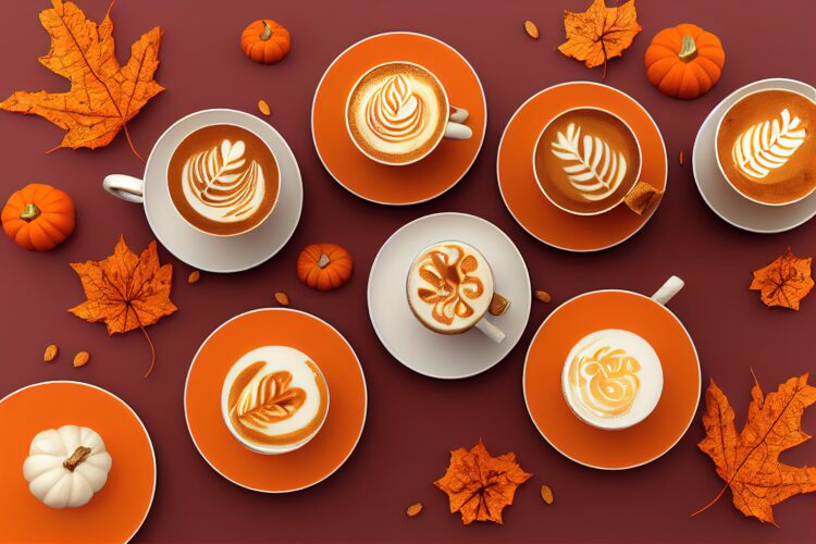 Photo of several cups of latte with autumn leaves.