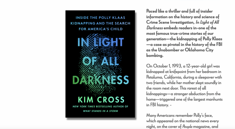 Promo for "In Light of All Darkness" on the website of author Kim Cross