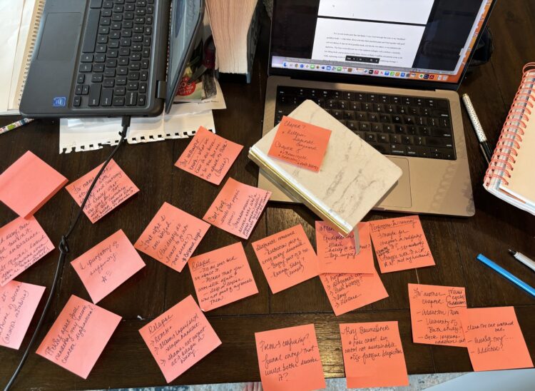 Photo of Post-it notes used to outline a book