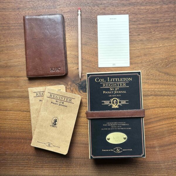 Leather covered pocket notebook for writers