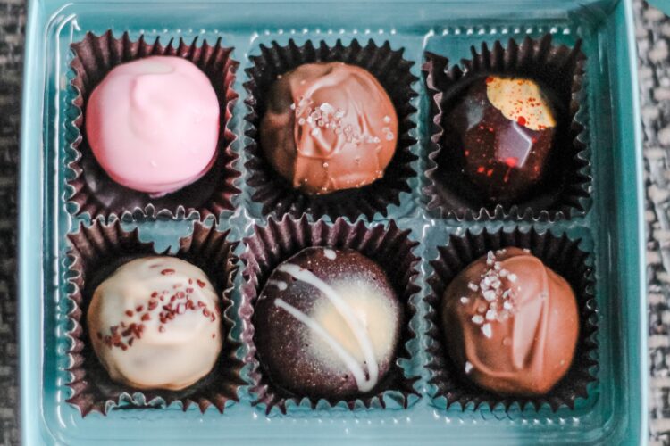 Photo of a sampler box of six chocolates
