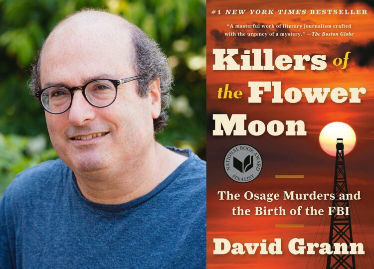 Author and New Yorker writer David Grann and cover of his book "Killers of the Flower Moon.