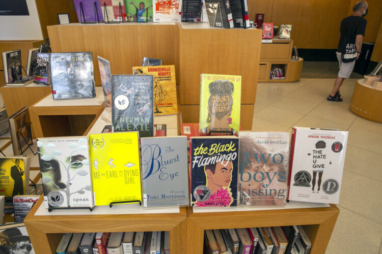 Display of books at a New York City that have been banned in several public schools and libraries across the U.S.